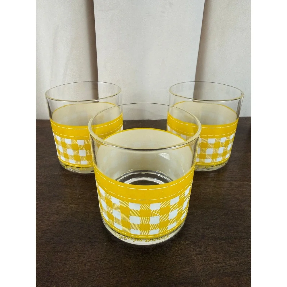 Vintage Georges Briard MCM Bar Lowball Glasses Yellow‎ Gingham Set of 3